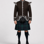Black Watch Tartan Doublet Kilt Outfit with Dark Brown Jacket