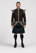 Black Watch Tartan Doublet Kilt Outfit with Dark Brown Jacket