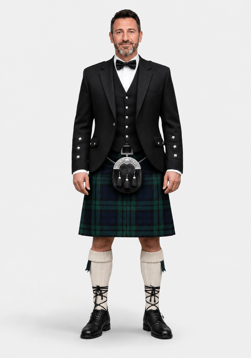 Black Watch Tartan Kilt With Black Argyle Jacket Kilt Outfit 1 Premium Scottish Highland Wear Black Watch Kilt Outfit - Image 1