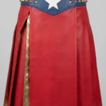 Superhero-Inspired Red and Gold Leather Pleated Kilt