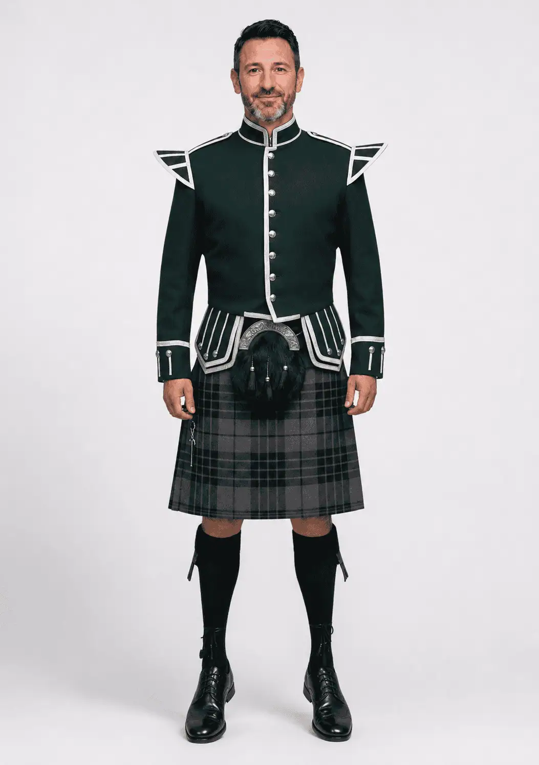 Grey Watch Tartan Doublet Kilt Outfit with Dark Green Jacket 1 Heritage Tartan Doublet Ensembles - Image 1